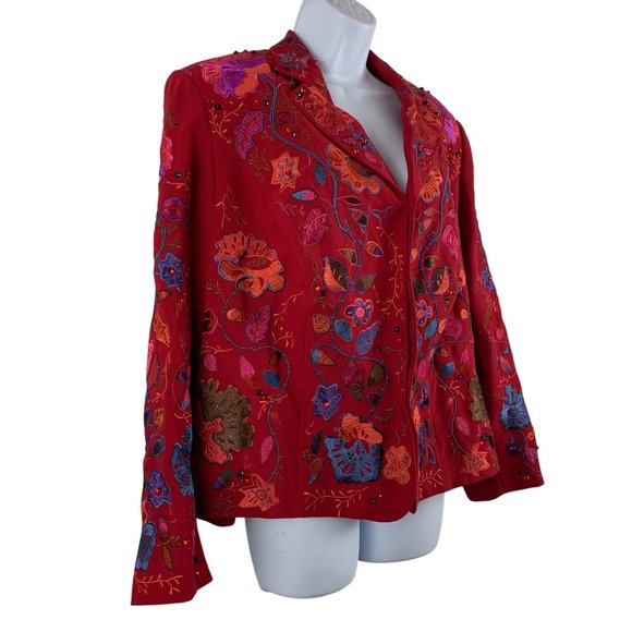 John Meyer Womens Embroidered Floral Embellished Crystals Blazer Jacket Red 16W - Picture 3 of 10